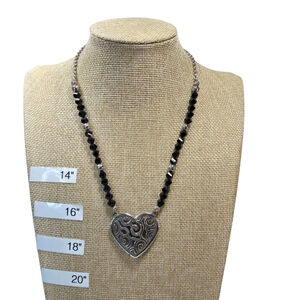 Brighton Necklace Women's Silver Heart Black Crystal Beaded Silvertone Swirls